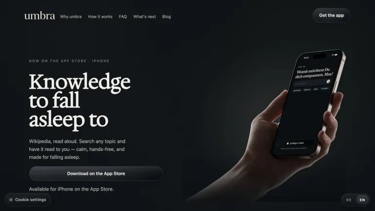 Umbra iPhone app website homepage.